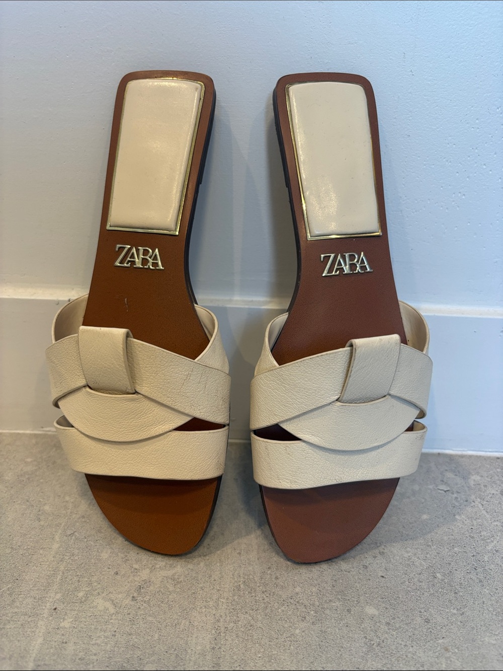 ZARA Cream Braided Leather Slide Flat Sandals